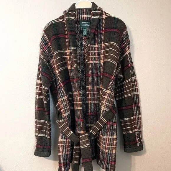 Lauren Ralph Lauren Hand Knit Lambswool Brown Plaid Tie Waist Cardigan Size S - Picture 1 of 6